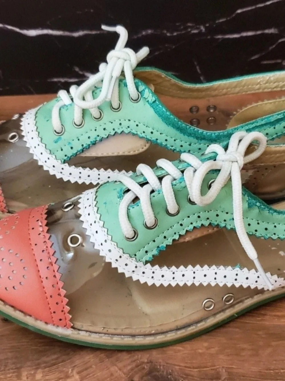 Red Circle Footwear Mint Green and Coral Wingtip Flats